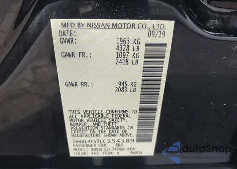 2020 Nissan Altima Sr Fwd from USA, damaged, VIN 1N4BL4CV3LC154189